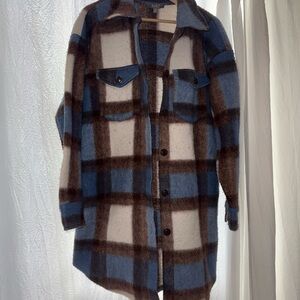 Marled Blue and Brown Plaid Shirt Jacket